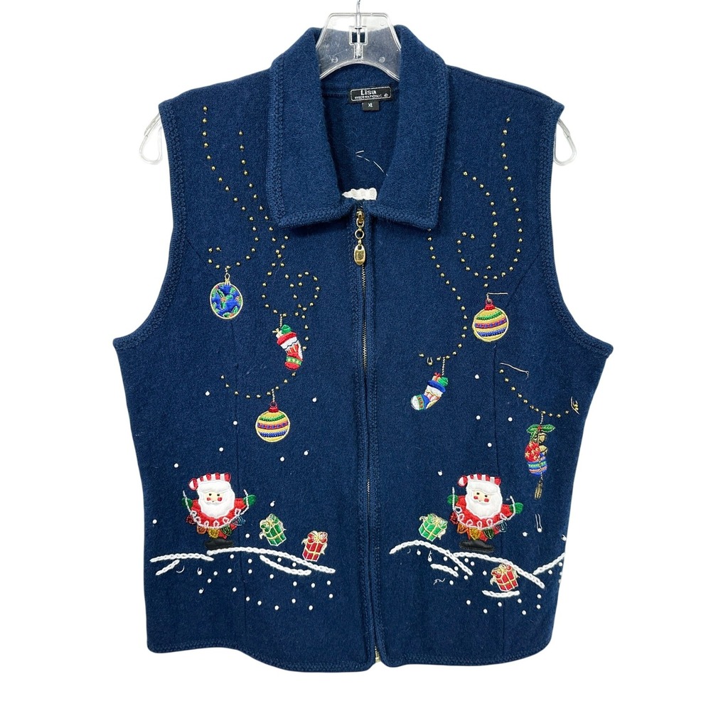 Lisa Int XL Sweater Vest Navy Boiled Wool Zip Up Santa Christmas VTG Ugly 1374